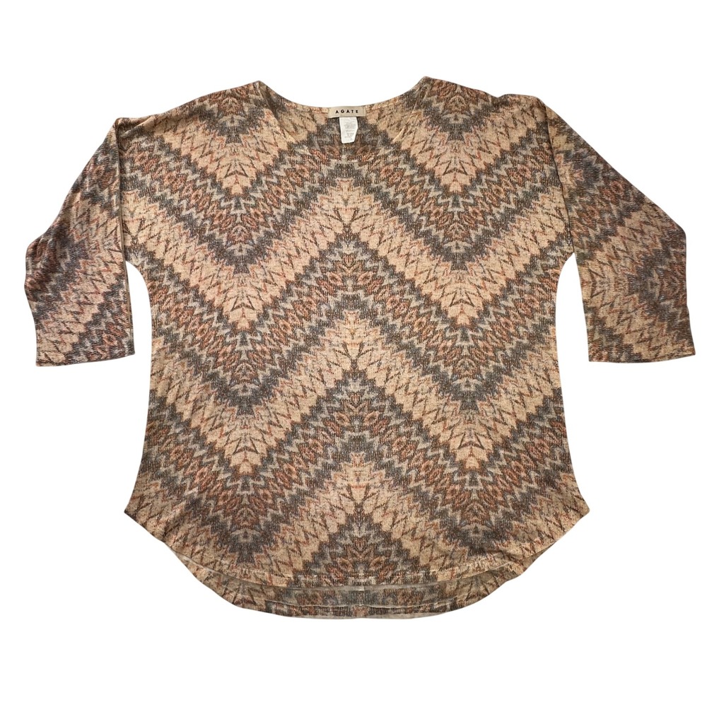Agate‎ Womens Large Chevron Geometric Knit Top Brown Tan 3/4 Sleeve Made USA